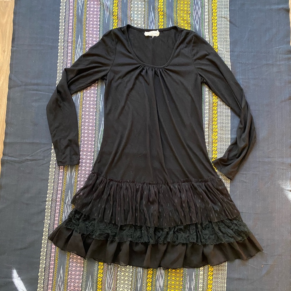 Black Long Sleeve Lace Ruffle Tunic Mini Dress Sz Small